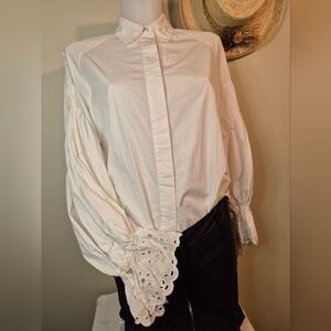 Cool Poet Balloon Pleated Sleeved Cotton Blouse Cut Out Cuff Pirate Peasant